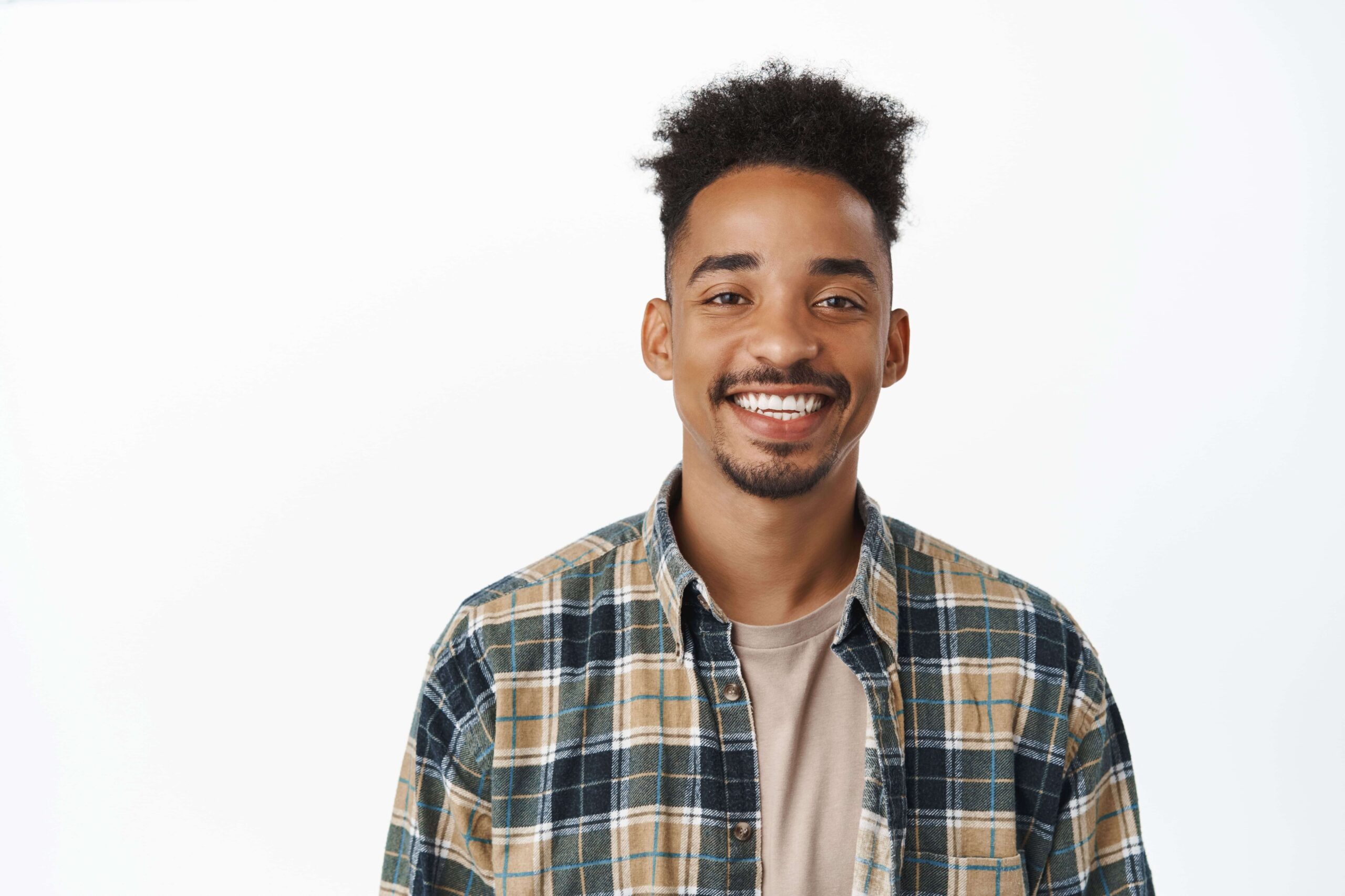 portrait-handsome-african-american-man-with-moustache-smiling-white-teeth-looking-happy-confident-standing-checked-shirt-against-white-background